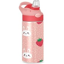 Cute Bunnies Strawberries Pink Insulated Water Bottle with Straw Handle for Kids 12 OZ Pastel Kawaii Stainless Steel Vacuum Insulated Cup for Hot and Cold Drinks Travel Tumbler for Toddler Girl