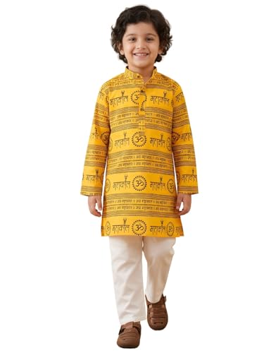 Image of AJ DEZINES Boys Cotton Full Sleeve Letter Printed Kurta Pajama Set for Kids - Ethnic wear | Special Occasion & Traditional Outfit |Boys Kurta Set - Regular Fit