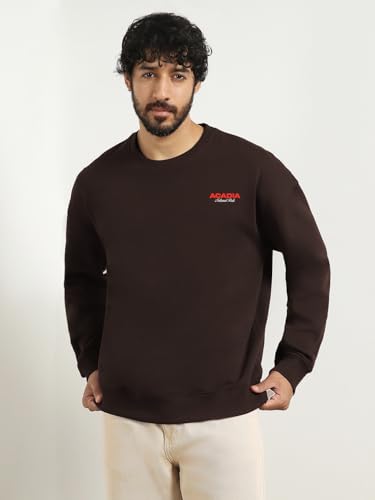 Image of Nobero Men's Graphic Printed Oversized Sweatshirt | Cotton Rich Fleece Round Neck Pullover | Relaxed Fit Casual Winter Wear for Men
