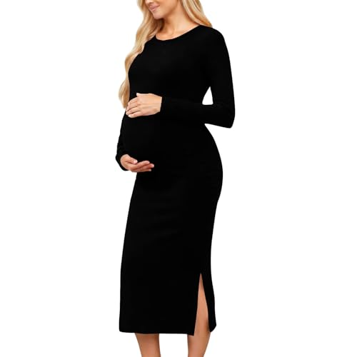 Vestido de Maternidad Vestidos Largo de Lactancia Ajustado de Manga Larga con Cuello Redondo para Mujer Color Sólido Abertura Lateral Vestidos Elegante para Mujer Embarazada Vestido Midi de Embarazo