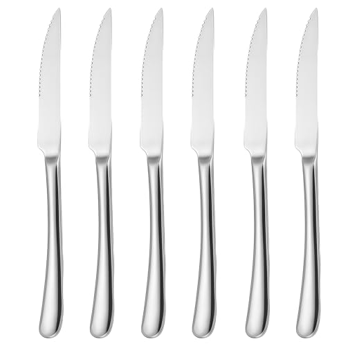 Leikurvo Juego de 6 cuchillos de carne de acero inoxidable de alta calidad, juego de cubiertos para carne con filo ondulado, cuchillo afilado de carne, longitud 24 cm, apto para lavavajillas, cuchillo