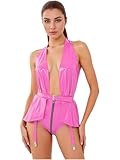 ACSUSS Women Elastic Pu Leather Bodysuit Backless Tights Clubwear Ruffled Skirted Bodysuits Pink X-Large