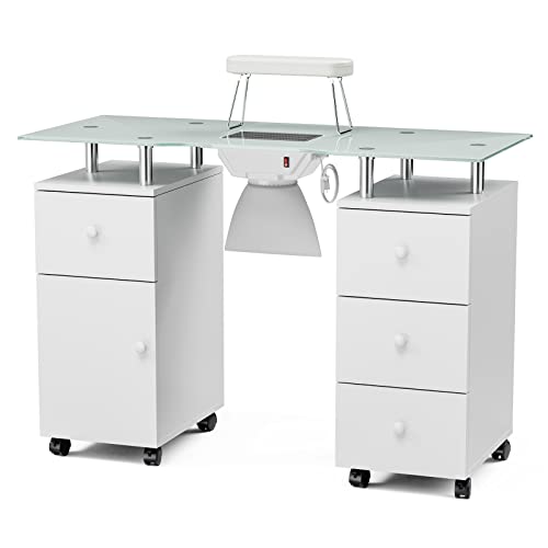 Paddie Manicure Table with Glass Top, Foldable Arm Rest, Lockable Wheels, Storage Drawers for Nail...