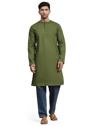 Image of Amazon Brand - Anarva Men's Cotton Solid Round Neck Kurta Long Sleeves Straight Knee Length Casual Shirt