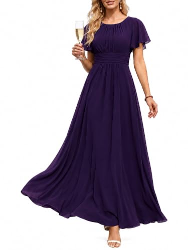 Image of Ever-Pretty Women's Spring Elegant Round Neck Short Sleeve Chiffon Empire Waist Floor Length Formal Dresses Bridesmaid Dress