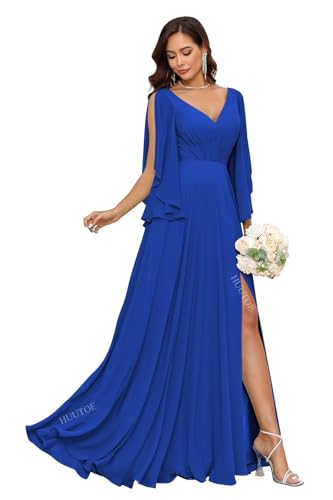 Image of HUUTOE Royal Blue Junior Bridesmaid Dress 2026 Modest Chiffon V Neck Ruffle Sleeve Long Formal Dresses for Wedding Guest with Slit XL US16