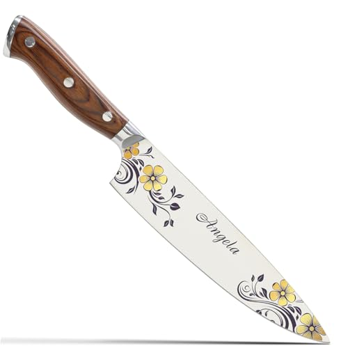 Image of Custom Chef Knife, Personalized Chef knife, Color Engraved knife, Gift, 8 inch Sheath Cover and Gift Box Gift for Any Season Gold Floral Engraving (Fall Edition)