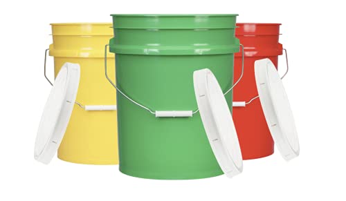 House Naturals 5 Gal Plastic Buckets Food Grade BPA Free pails with Gasket Lids - Pack of 3 - Made in USA - Yellow Green Red