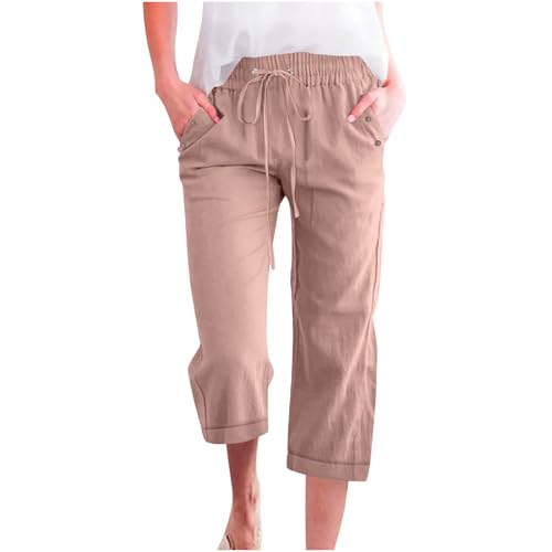 Capri Pants for Women Petite High Waisted Drawstring Casual Pants Summer Plus Size Cotton Linen Lounge Cropped Pants