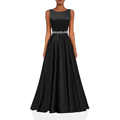 Yexinbridal A-Line Prom Dress for Women 2024 Long Satin Beaded Belt Bateau Neck Ruched Formal Evening Party Gown with Pockets Black 18 Cover