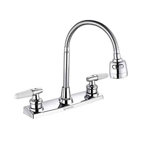 Solvex 2 Handle Kitchen Sink Faucet, High Arc 360 Swivel Stainless Steel Pipe 3 Hole Kitchen Faucet, Commercial Modern Chrome Kitchen Sink Faucet With Flexible Spout, Sp-80009 #TOP22