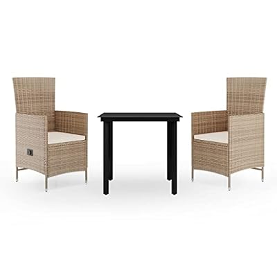 YUOGHRTFE 3 Piece Patio Dining Set with Cushions Beige, Waterproof Rattan Outdoor Dining Set with Glass Tabletop and Reclining Chairs