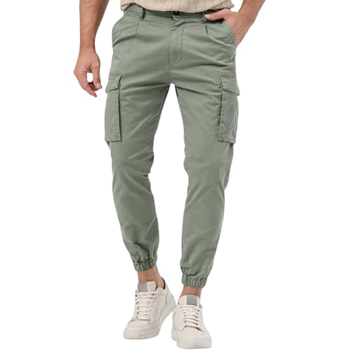 Pantalones cargo para hombre, puños ajustados, pantalones chinos casuales con cintura elástica, pantalones holgados de uso diario con hebilla de cinturón y solapa, pantalones de chándal lisos para