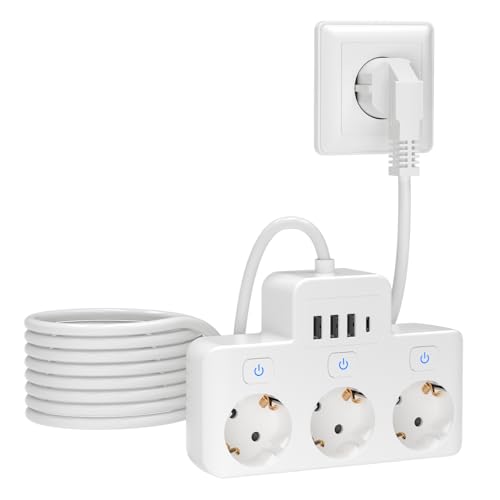 LEUTED - Ciabatta multipla con interruttore, a parete con 3 USB A+ 1 USB C, adattatore di protezione da sovratensione per presa 1,5 m, cavo ufficio, viaggio, bianco