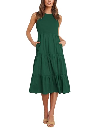 Image of Atizon Womens Summer Sleeveless Dresses with Pockets Smocked Tiered Midi Beach Sundress