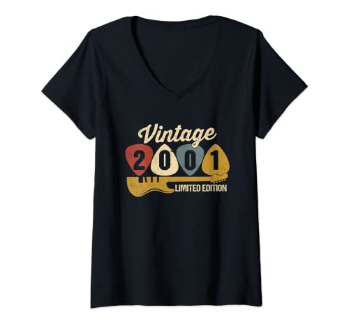 Mujer Vintage 2001 Cumpleaños Retro Guitarra 21 Fiesta de Cumpleaños Camiseta Cuello V