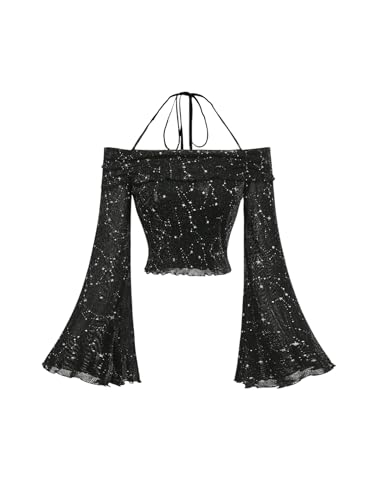 GORGLITTER Damen Crop Oberteile Langarmshirts Schulterfreies Oberteil Neckholder Top Glitzer Oberteil mit Volant Ärmeln Schwarz S