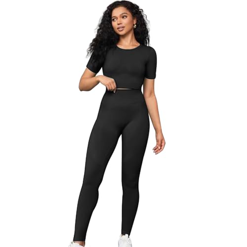 JN JANPRINT Workout Sets for Women 2 Piece Outfits Seamless High Waist Tights Yoga Cropped Tee Athletic Tracksuit Sets