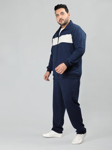 Image of CHKOKKO Mens Plus Size High Neck Winter Tracksuit Full Zip Jacket with Elastic Waist Lower Warm Soft Jogging Suit Activewear Set for Gym Running and Casual Wear NavyEcru L