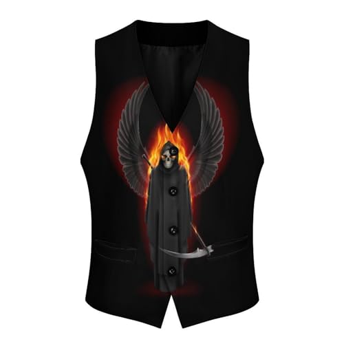 Grim Reaper with Wings Up in Flame Men's Suit Vest Slim Fit V-Ncek Waistcoat Business Casual Vest4