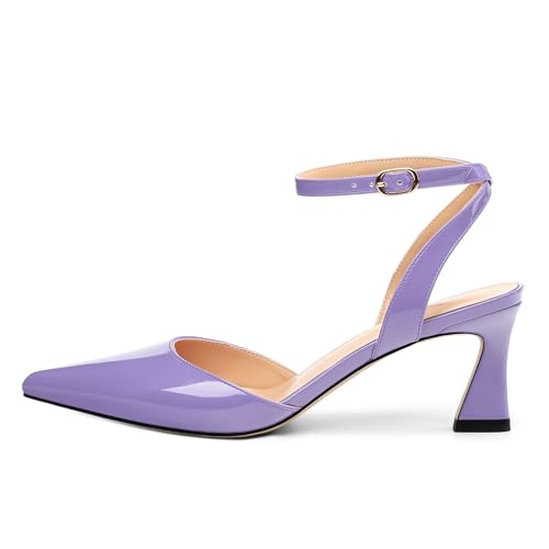 Women's Kitten Heels Slingback Pointed Toe Ankle Strap Buckle Dating Cute Patent Spool Mid Heel Pumps Wedding Party Dress Shoes 2.5 Inch2