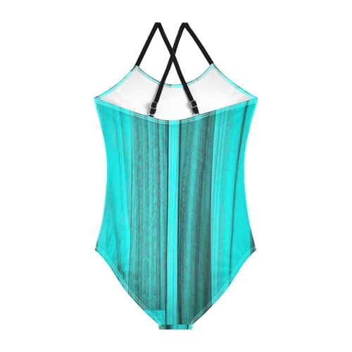 Turquoise Wood Texture Toddler Girl One Piece Swimsuit, Spaghetti Straps, Cross Back Design, Ages 3T2