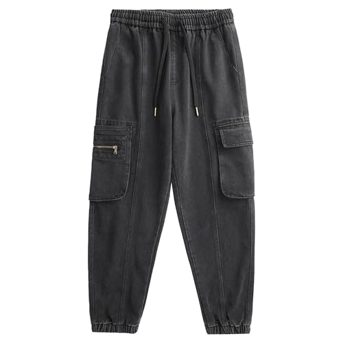 Mens Ankle Binding Jeans Plus Size Baggy Jogger Drawstring Stretch Casual Denim Cargo Distressed Jeans with Pockets
