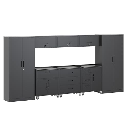 AQY Metal Black Garage Storage Cabinets System,8 Piece Workshop Steel Cabinet Set Included Lockable Garage Storage Cabinet with Drawers Shelves Rolling Chest and Wheels,Assembly Required