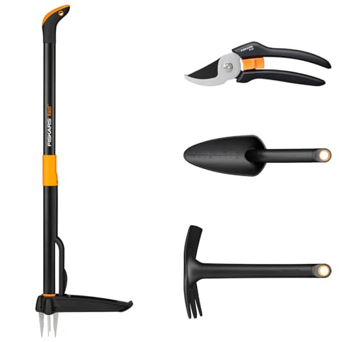 Fiskars Gartenwerkzeuge-Set 4-teilig Xact Unkrautstecher Länge: 1 m Solid Kombihacke Länge: 28 cm Solid Blumenkelle Länge: 28 cm Solid Bypass-Gartenschere P121 1077309