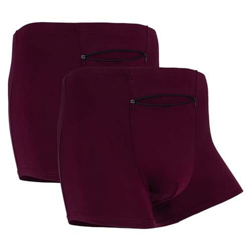 LUEXBOX Pocket Underwear for Men with Secret Hidden Pocket, Travel Boxer Briefs, 2 Packs (Dark Red)