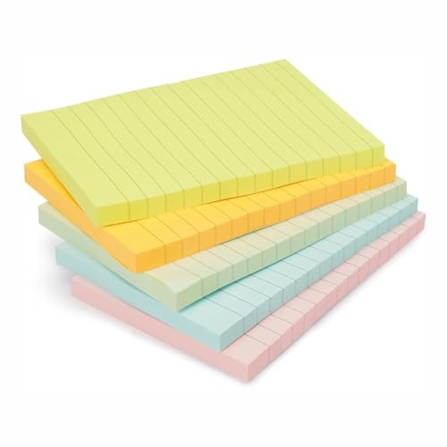 Image of Amazon Basics Rectangular Sticky Notes 4x6 Inch|Lined Sheets | Reusable Adhesive for Lists, Notes, Reminders | Perfect for Office, School, Home (Pack of 5, 250 Sheets, Assorted Colors)