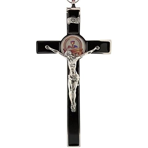 First Communion Silver Tone and Black Enamel Wall Cross Crucifix, 8 Inch Cover