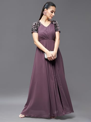 Image of Miss Chase Women's Round Neck Sleeve Embellished Fit Flare Maxi Dress