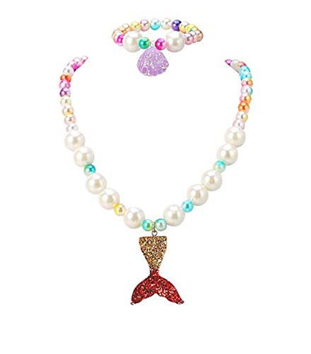 El Regalo 2 PCs Girls Kids Mermaid Princess Necklace & Bracelet Set with Colorful Mermaid Shiny Beads Bow - Costume Jewelry Favors Dress up Jewelry (Blue Mermaid Set) (B09Q63HZ6P) Amazon Price History, Amazon Price Tracker
