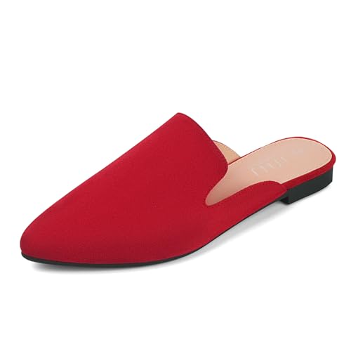 Image of MUSSHOE Mules for Women Flats Comfortable Dressy Pointed Toe Women Mules for Work Business Office Party Wedding,Red 8.5
