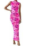 Picture of PRETTYGARDEN Women's Summer Dresses 2025 Sleeveless Ruched Bodycon Maxi Floral Mesh Evening Wedding Guest Party Cocktail Split Long Dress (Floral Pink,M)