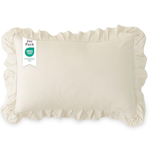 TOCOMOA Kissenbezug 40x60 2er Set - Rüschen Kissenbezüge Öko-Tex Zertifiziert, Kissenhülle Weich und Hypoallergen, Kopfkissenbezug 40x80cm mit Hotelverschluss Beige