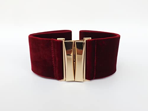 Burgundy Wide Velvet Elastic Waist Belt with Gold Clasp2