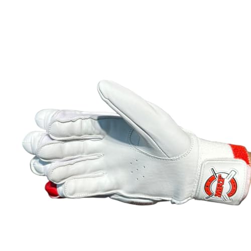 Image of M*R*F Leather Plam Cricket Batting Gloves Geni*us Prince, Shubman Gill Edition White Red Gold, Leather, Professional Protection | Club Play | Tournament | Matches | (White /Red /Gold, Mens RH, Right)