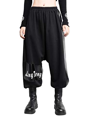 ellazhu Women high Elastic Waist Casual Loose Harem Pants with Pockets GY2542 Black