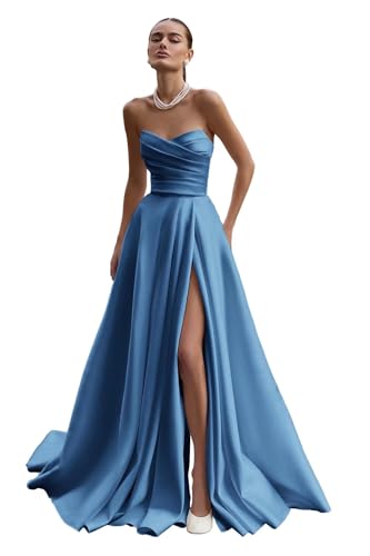 Satin Wedding Dresses for Bride Strapless Prom Dresses Long Ruched Ball Gown with Slit