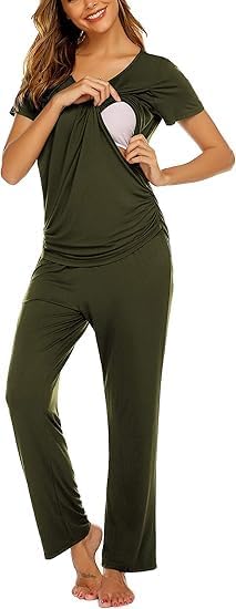 ELESOL Women's Maternity Nursing Pajamas Set Breastfeeding Sleepwear Double Layer Short Sleeve Top & Pants Pregnancy