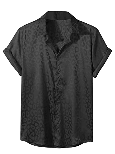 Men's Satin Leopard Print Short Sleeve Button Down Lapel Collar Silk Shirts Top