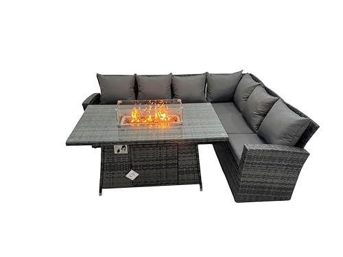 FMSGarden High Back Outdoor Rattan Corner Sofa Set Garden Furniture Set Gas Fire Pit Dining Table Gas Heater 6 Seater