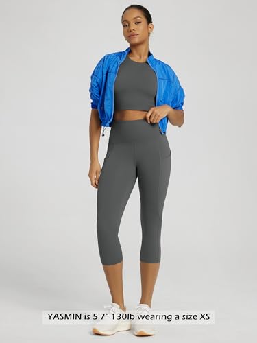 ODODOS Women's High Waisted Yoga Capris with Pockets,Tummy Control Non See Through Workout Sports Running Capri Leggings, Charcoal,Medium