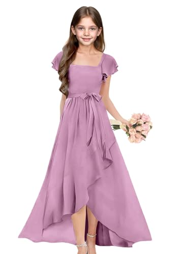 Junior Bridesmaid Dress Short Sleeves Chiffon Flower Girl Dress for Wedding High Low Girls Pageant Dresses JBD157