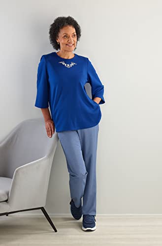 Women’s Open Back Adaptive Embroidered Neckline Design Top for Seniors - 3/4 Long Sleeve Scoop Shirt4