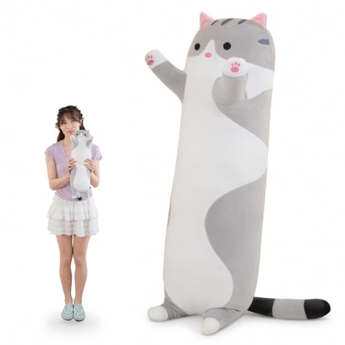 AMOZO Katzen Kuscheltiere süße Lange Katzen Plüschtiere, Niedliche Weiche Katze Stofftiere Plüsch Kissen Spielzeug für Mädchen und Kinder (Grau, 50cm)