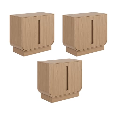 Image of Nathan James Joey Mid Century Modern Buffet Sideboard Storage Cabinet, Arched Accent Cabinet with Rounded Bottom Edges and Integrated Door Pull Cutouts, Raw Oak, Set of 3