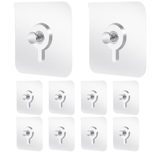 Image of KONVIO NEER Photo Frame Hooks for Wall Without Drilling - 10 Pack Self Adhesive Wall Hooks Heavy Duty | Strong Nail-Free Transparent Stainless Steel Hanging Hooks for Home, Kitchen, Bathroom & Office